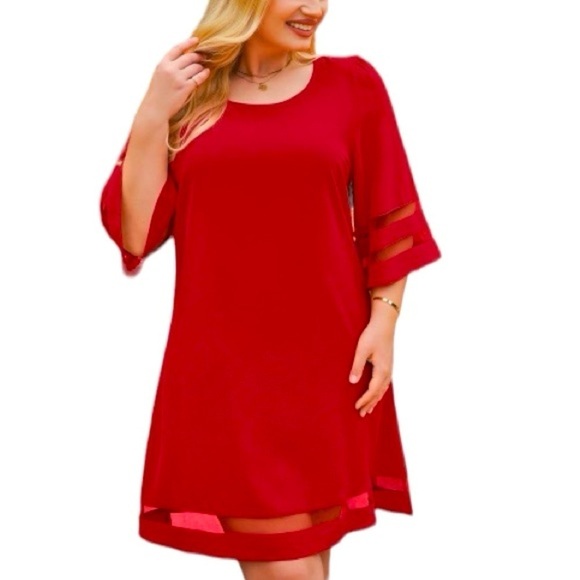 Dresses & Skirts - NWOT Women Casual Crewneck Mesh Panel 3/4 Bell Sleeve Loose Tunic Dress